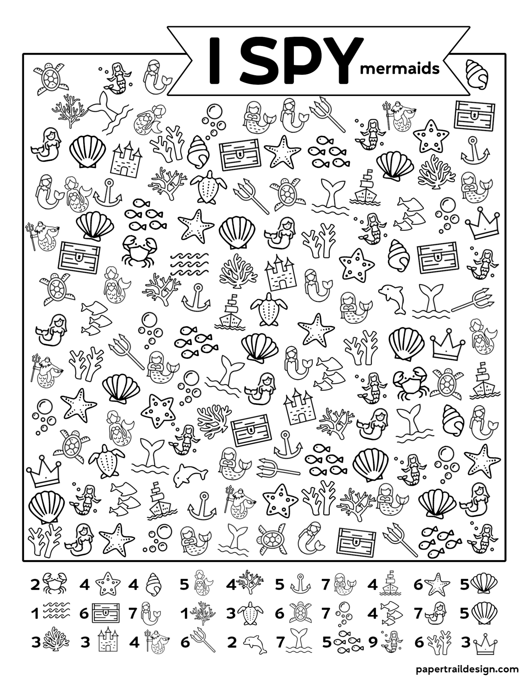 Free Printable I Spy Mermaids Activity Paper Trail Design