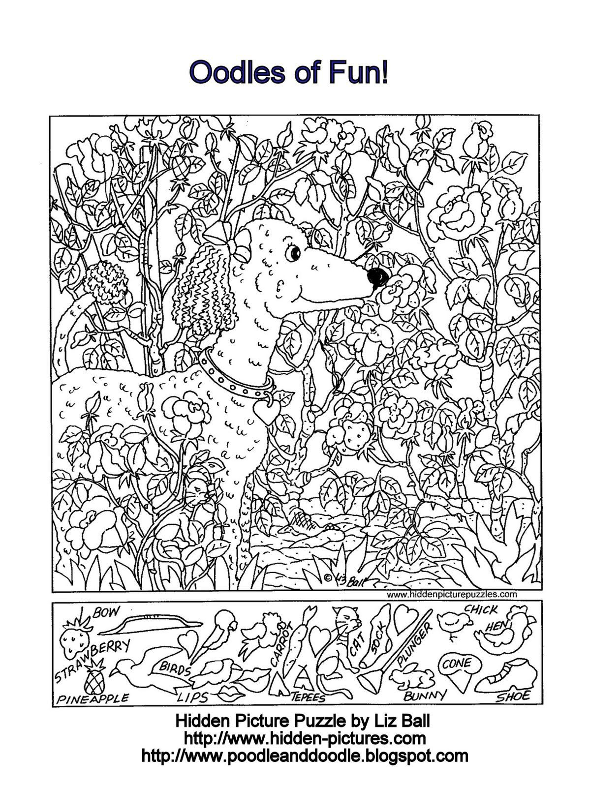 Hidden Picture Puzzle And Coloring Page Featuring A POODLE Hidden 