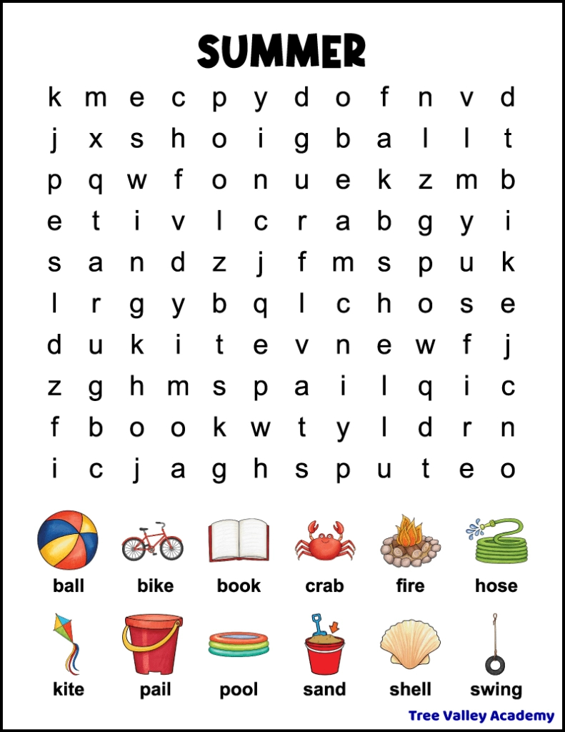 1St Grade Summer Word Search - Tree Valley Academy pertaining to Hidden Pictures First Day Of Winter Answer Key