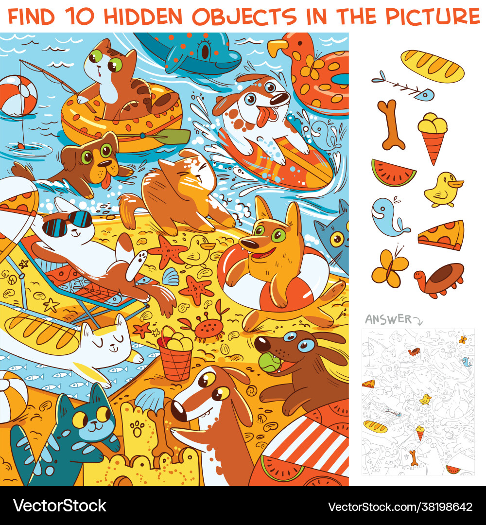 Beach Pets Find 10 Hidden Objects Royalty Free Vector Image with regard to Find The Hidden Objects