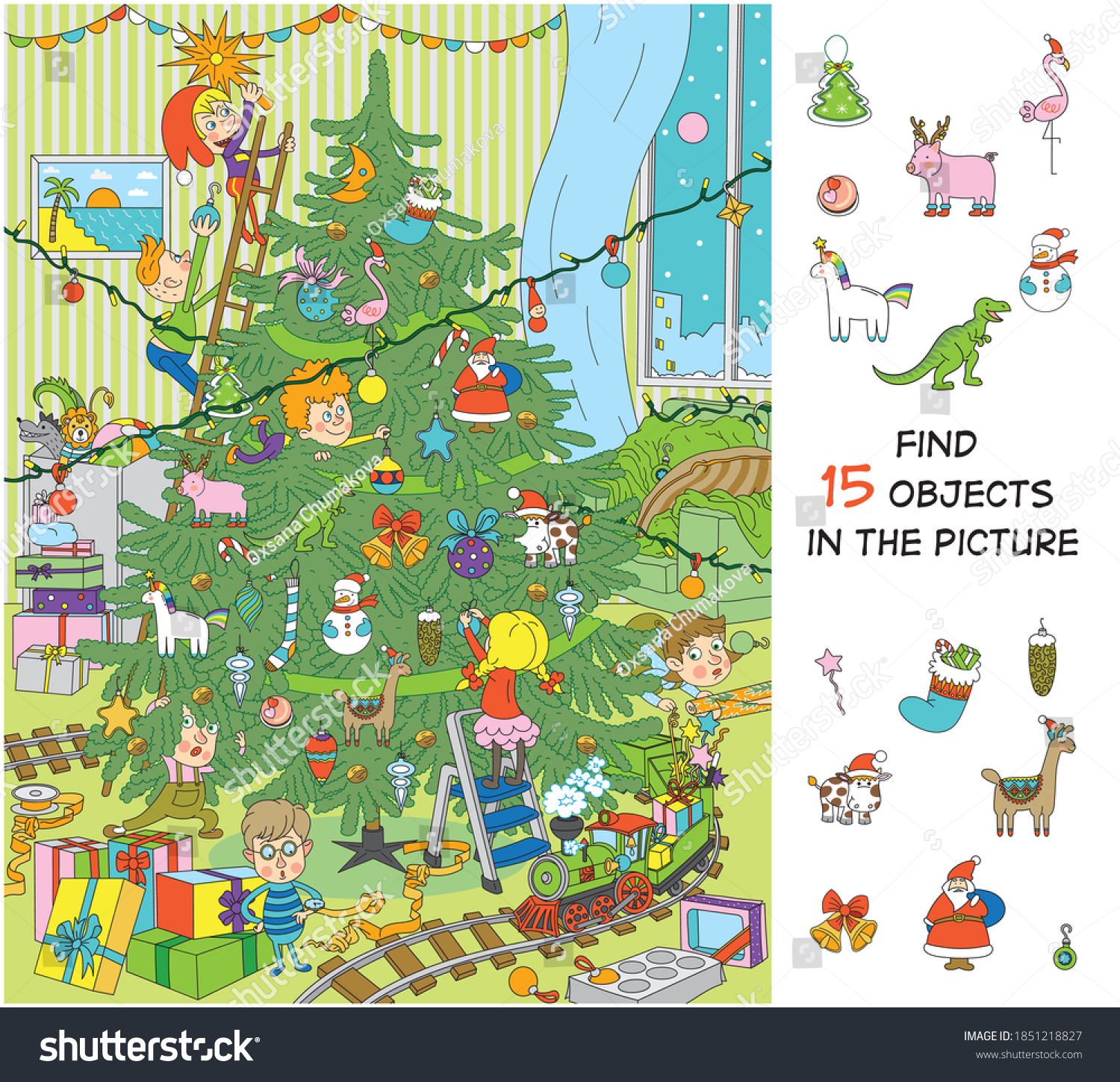 Children Decorate Tree Christmas Hidden Objects Stock Vector intended for Christmas Hidden Pictures