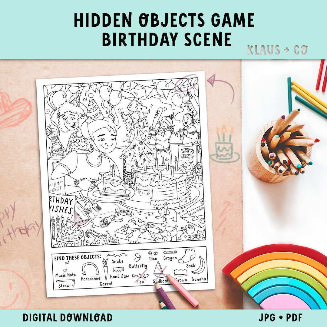 Color And Find Hidden Object Birthday Coloring Page / Printable within Hidden Pictures Daily Challenge