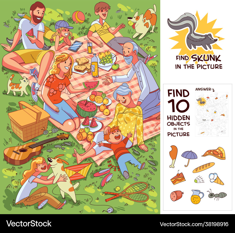 Family At Picnic Find 10 Hidden Objects Royalty Free Vector within Find The Hidden Pictures