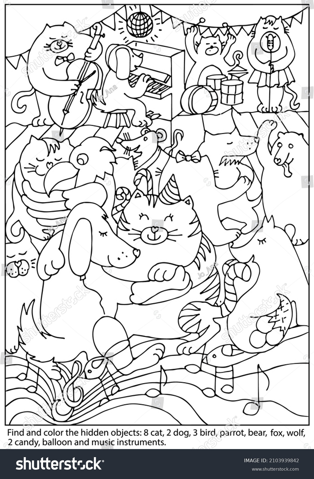 Find Coloring Hidden Objects Animal Dancing Stock Vector (Royalty pertaining to Hidden Pictures To Color