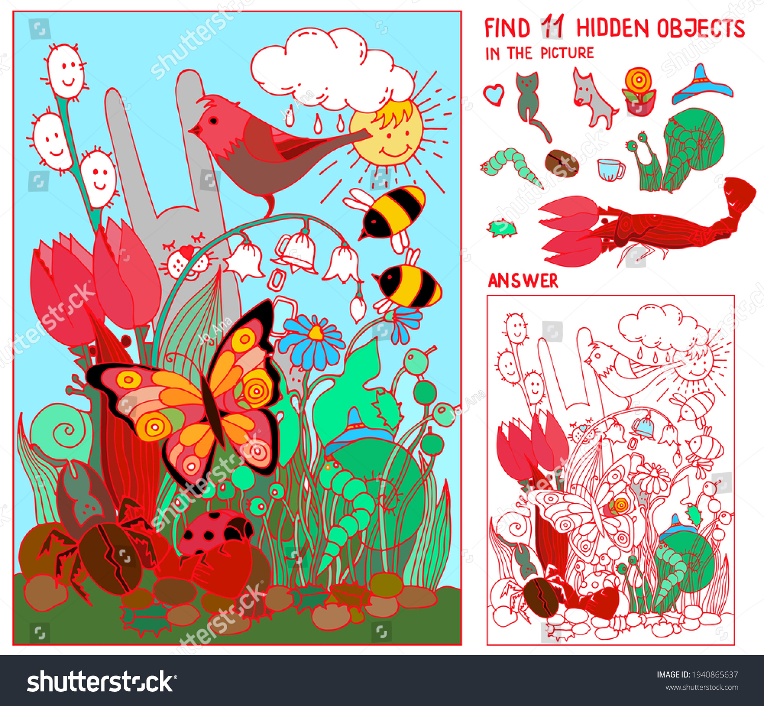 Hidden Objects Puzzle Spring Summer Meadow Stock Vector (Royalty in Spring Hidden Pictures