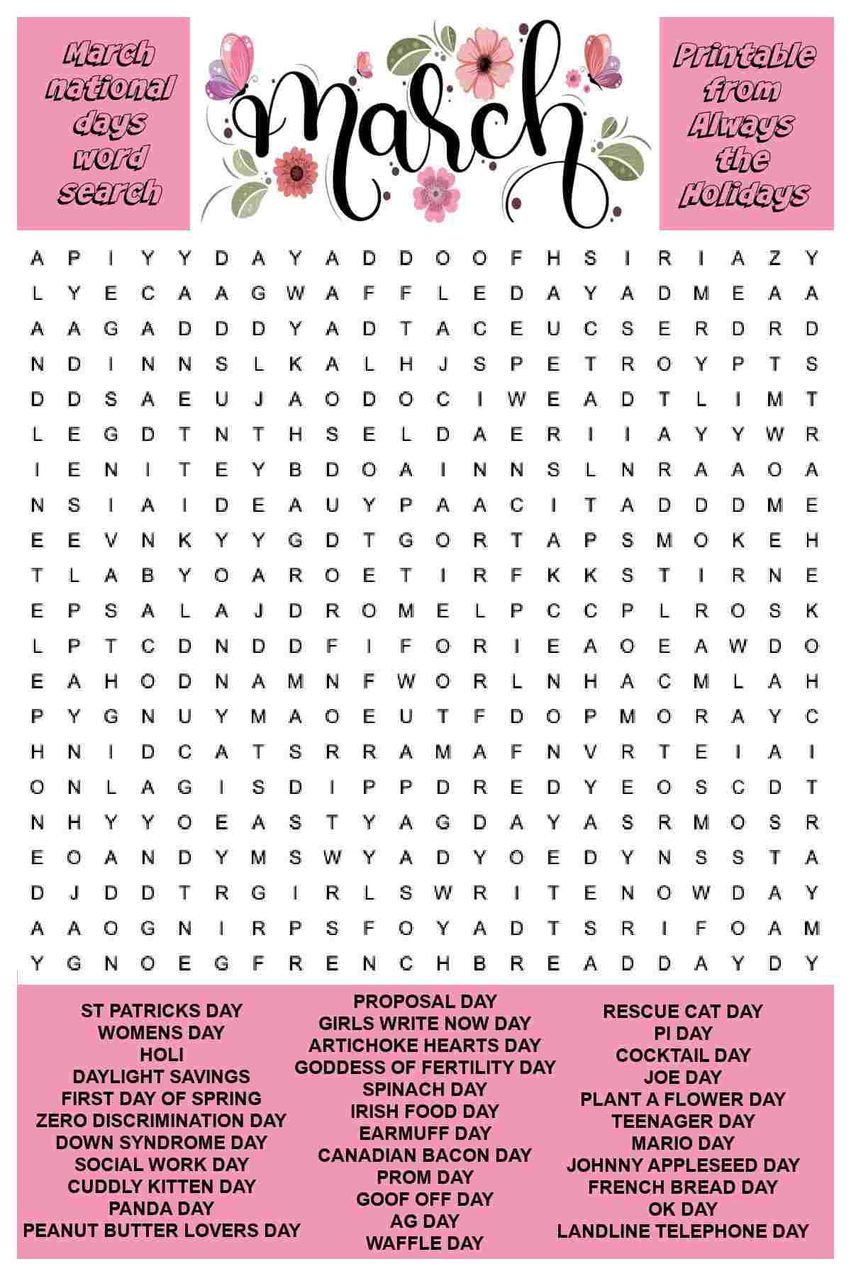 March Word Search Printable - National Days Word Find Puzzles intended for March Hidden Picture Printable