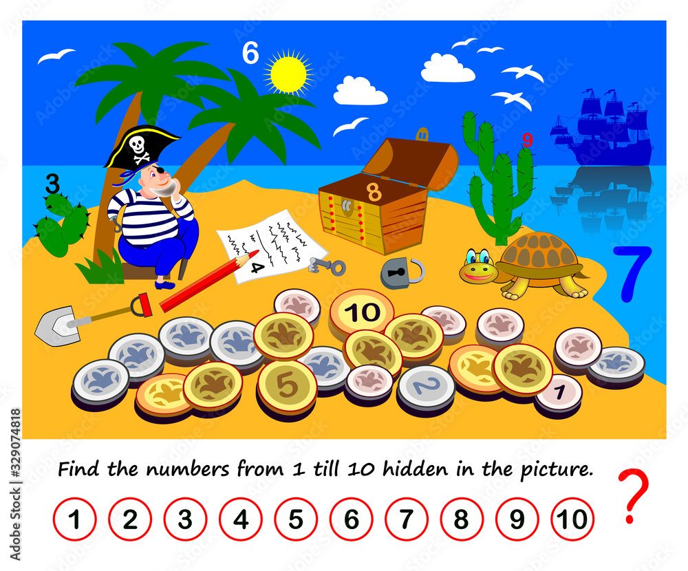 Math Education For Children. Logic Puzzle Game. Find The Numbers inside Hidden Pictures Math Games