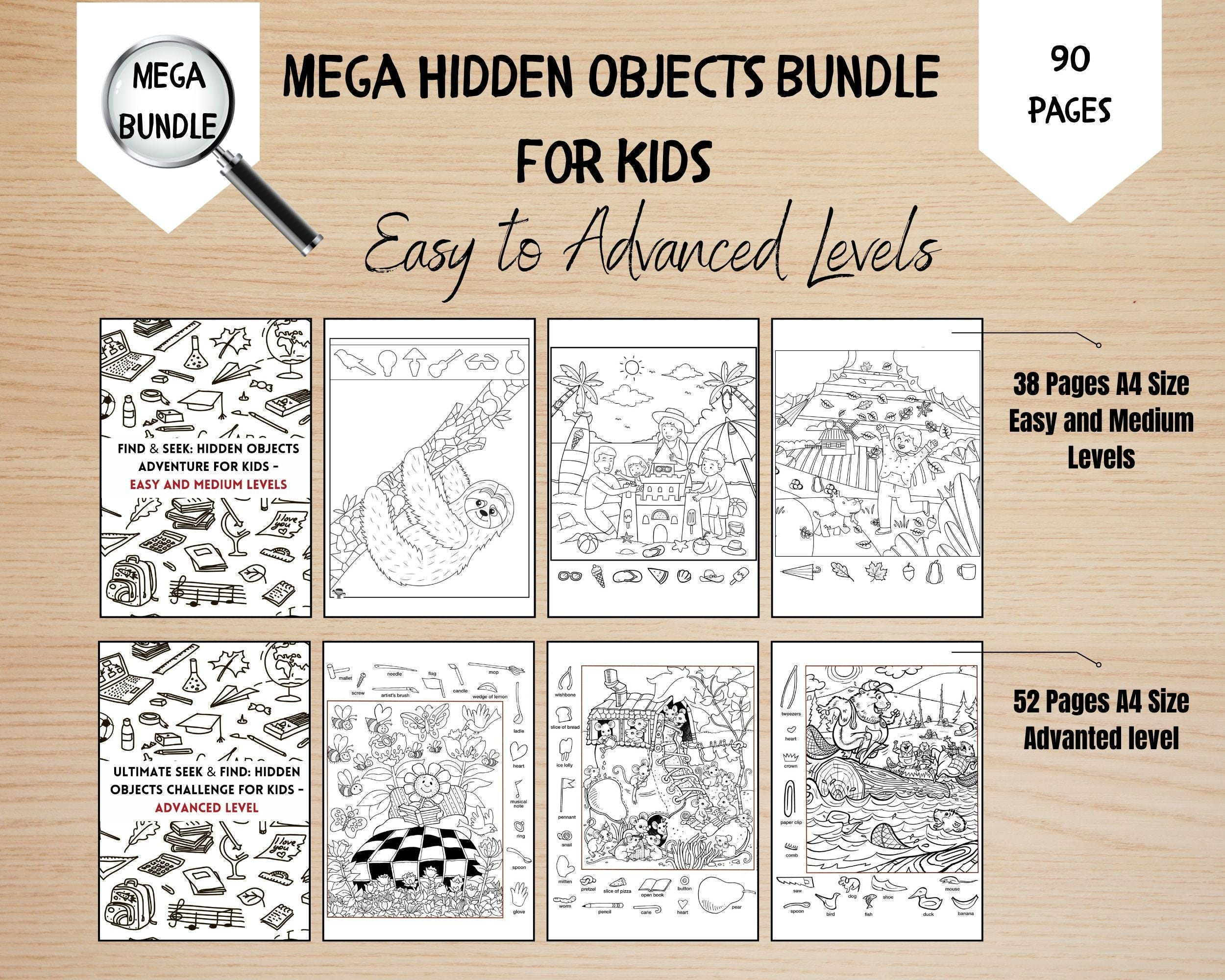 Mega Hidden Objects Bundle For Kids, 90 Pages Of Brain-Boosting for Medium Hidden Pictures Printable