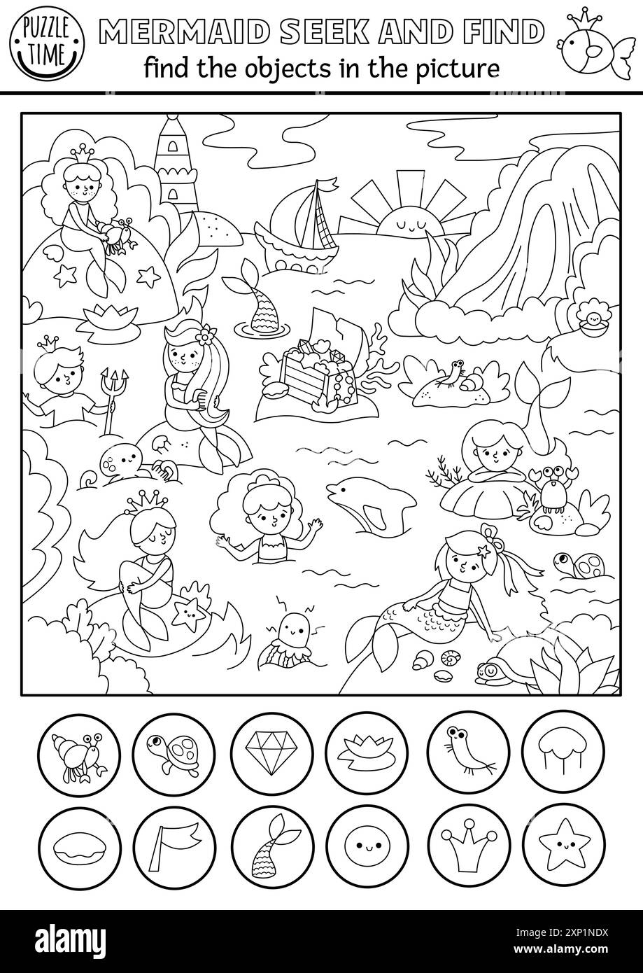 Mermaid Vector Black And White Searching Game With Sea Lagoon within Find Hidden Objects In This Image Printable