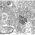Psychedelic Forest With Hidden Cat   Psychedelic Coloring Pages With Free Printable Hippie Hidden Pictures