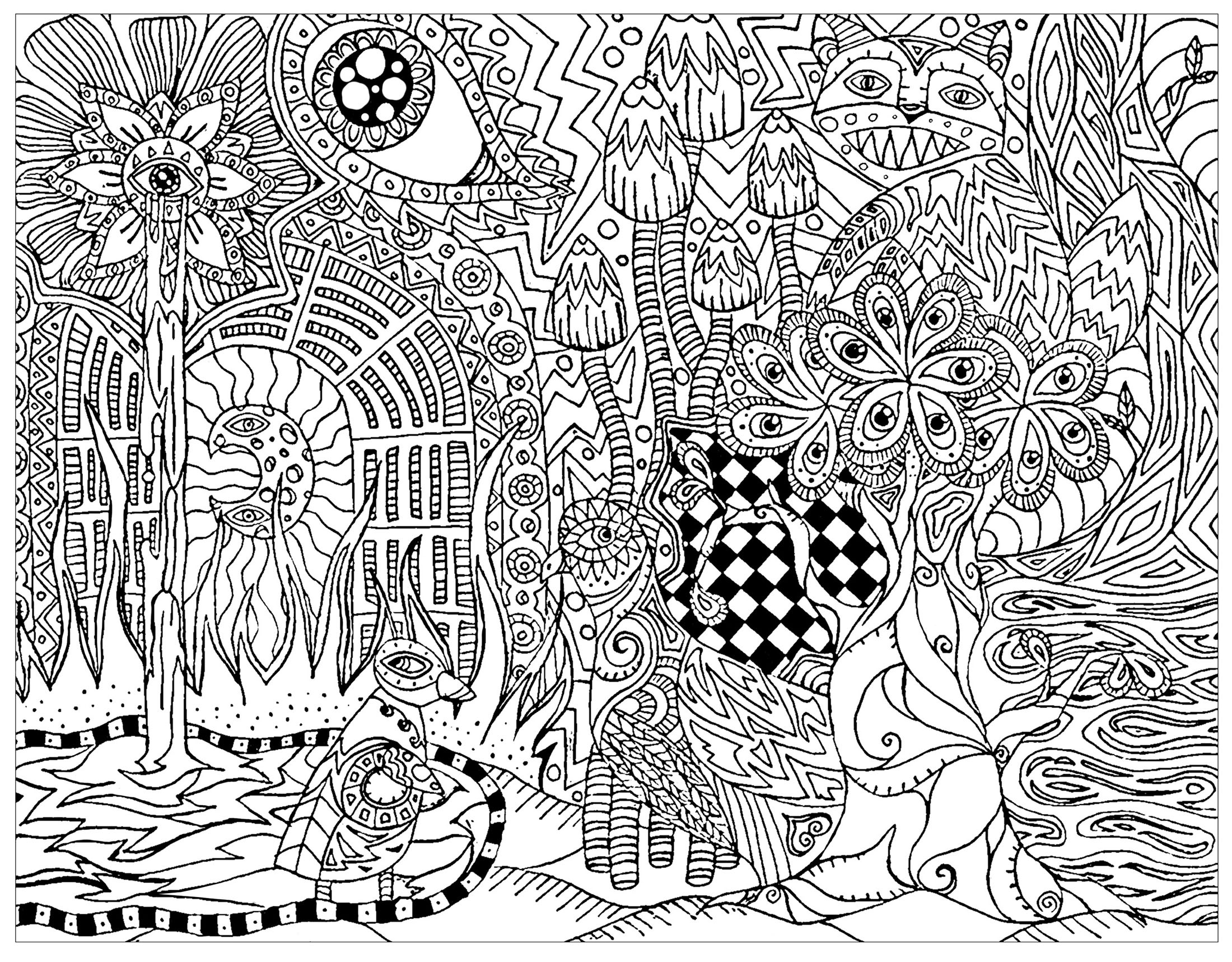 Psychedelic Forest With Hidden Cat - Psychedelic Coloring Pages with Free Printable Hippie Hidden Pictures