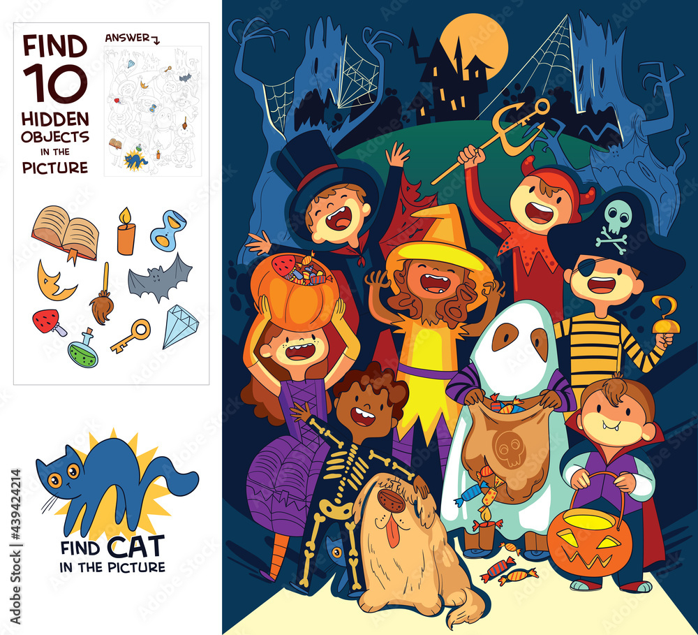 Stock-Vektorgrafik „Children In Halloween Costumes. Find 10 Hidden regarding Halloween Find the Hidden Pictures