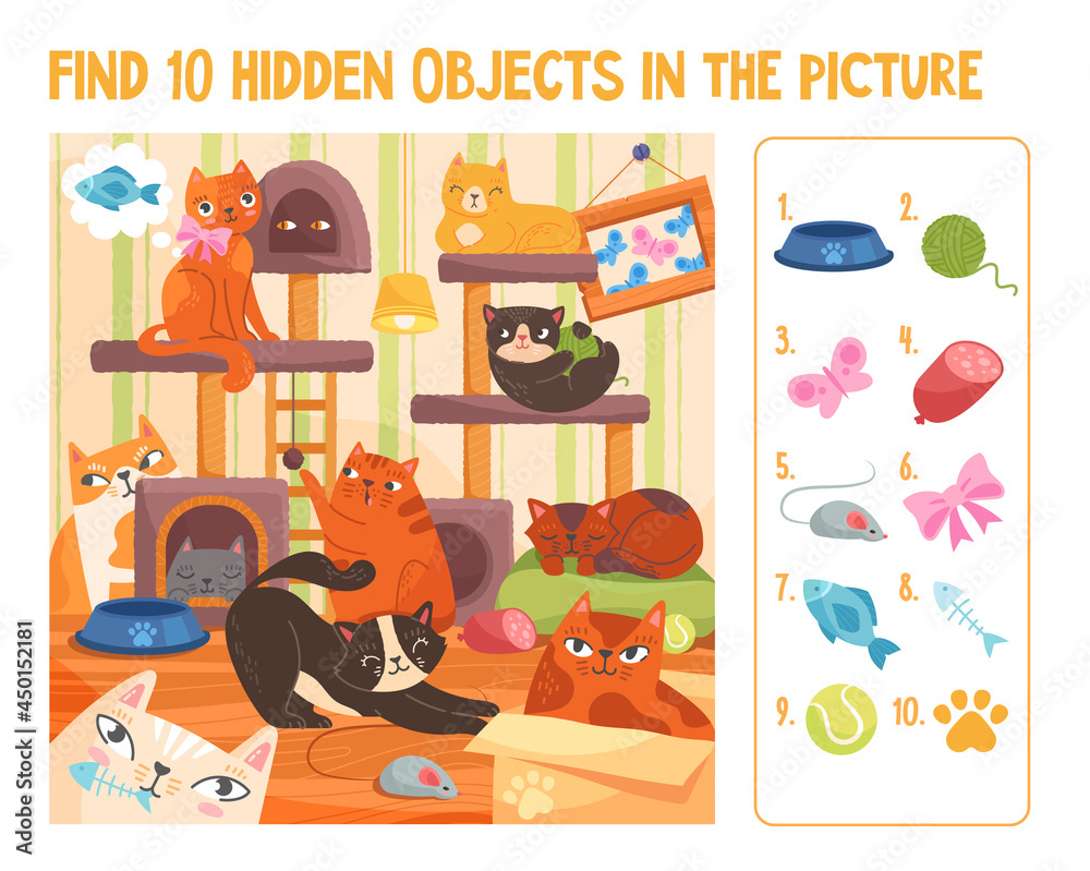 Stock-Vektorgrafik „Colorful Papersheet Game Find 10 Hidden pertaining to Hidden Pictures In Cartoons