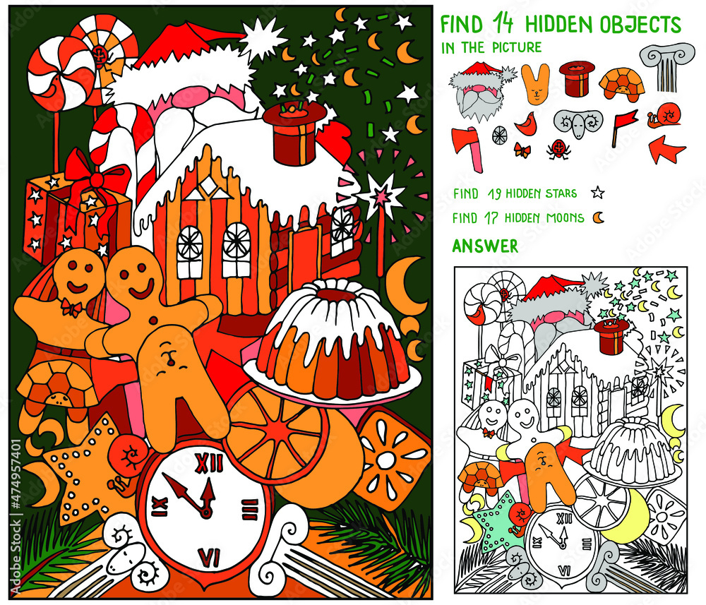 Stock-Vektorgrafik „Find Hidden Objects. Christmas Puzzle For Kids in Christmas Find The Hidden Pictures