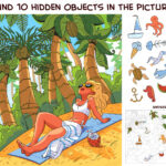Stock Vektorgrafik „Girl Sunbathing On The Beach Under Palm Trees Regarding Hidden Pictures In Cartoons