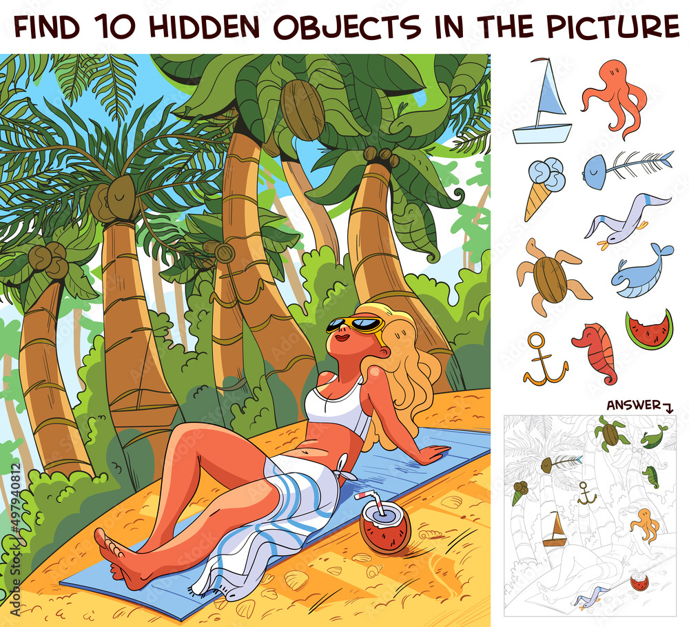Stock-Vektorgrafik „Girl Sunbathing On The Beach Under Palm Trees regarding Hidden Pictures In Cartoons