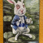 The White Rabbit With Watches On Waterlily Leaves Original Oil Intended For Hidden Pictures Easter Rabbit Running Late