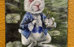 The White Rabbit With Watches On Waterlily Leaves Original Oil intended for Hidden Pictures Easter Rabbit Running Late