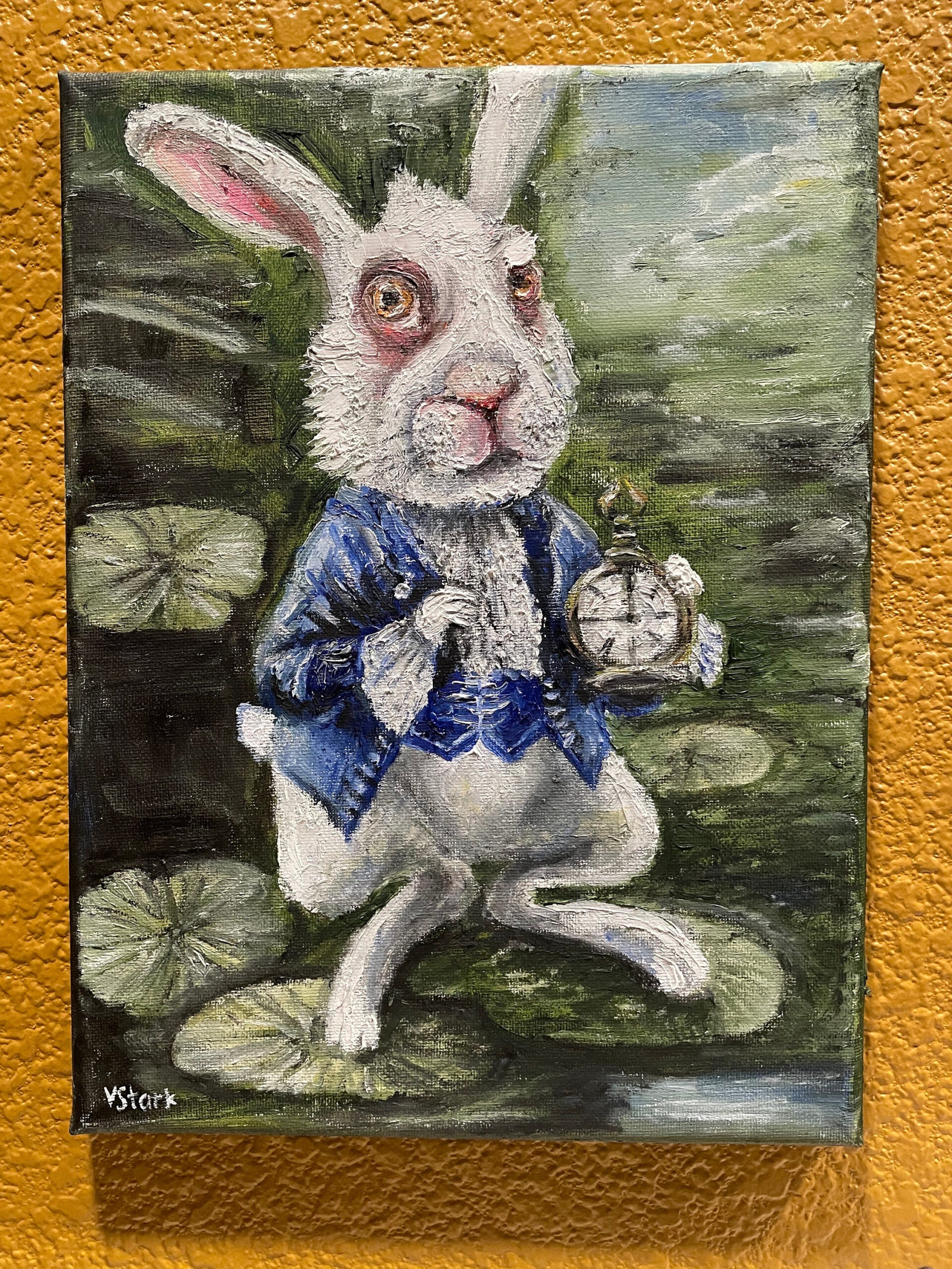 The White Rabbit With Watches On Waterlily Leaves Original Oil intended for Hidden Pictures Easter Rabbit Running Late