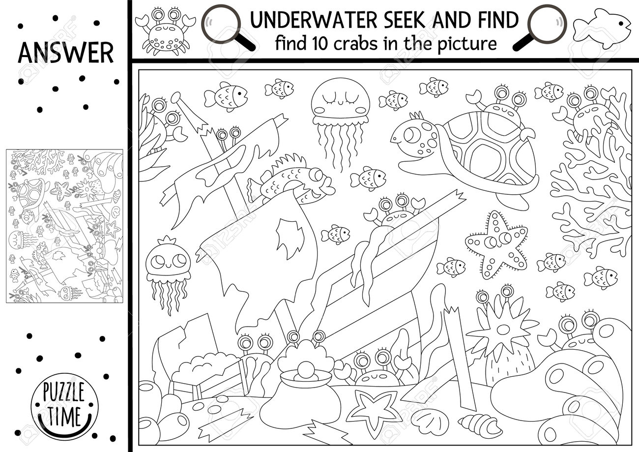 Vector Black And White Under The Sea Searching Game With Sea in Ocean Hidden Picture Printable