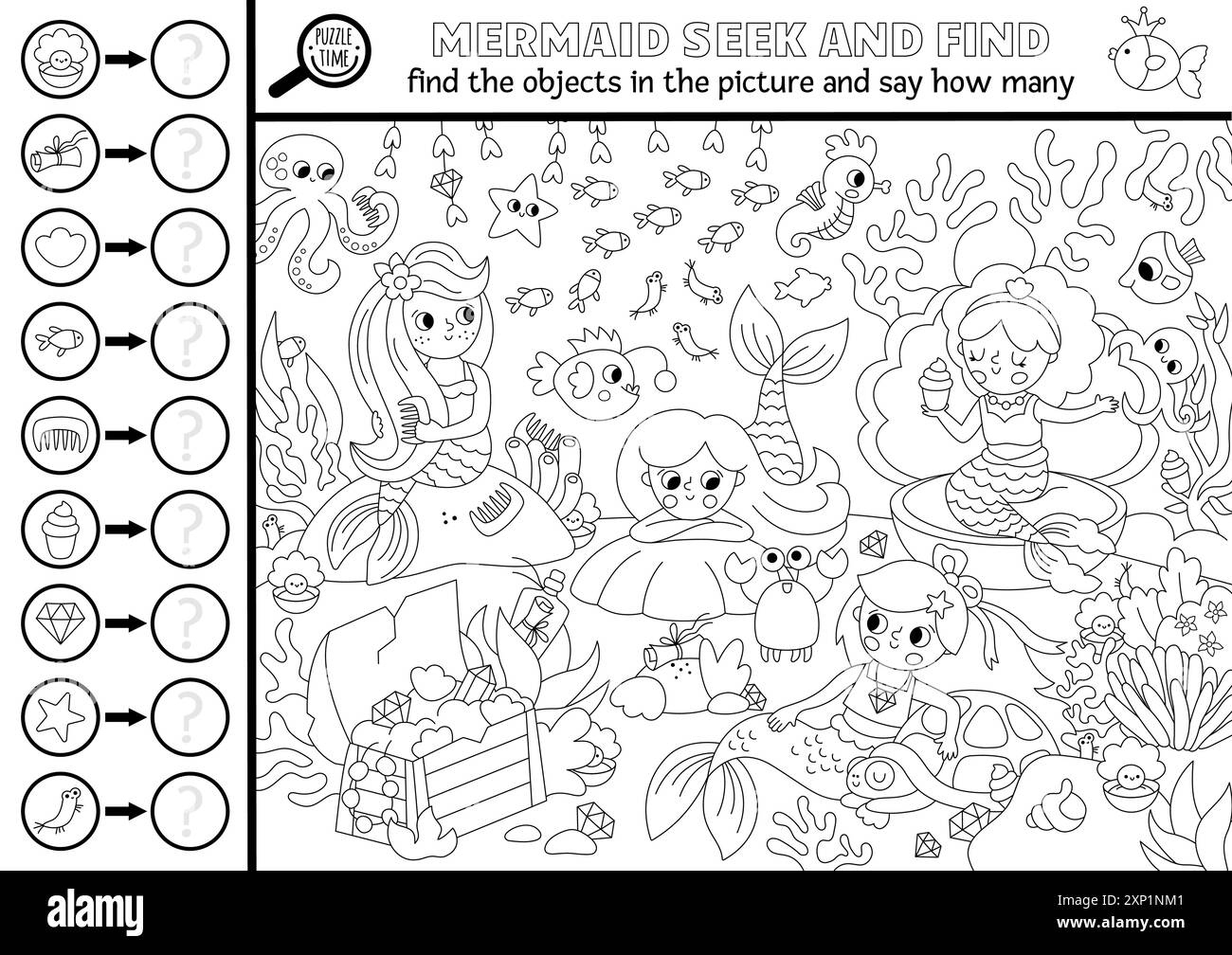 Vector Mermaid Black And White Searching Game With Ocean Kingdom with Find Hidden Part In Photo Print