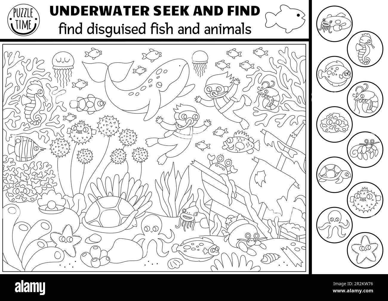 Vector Schwarz-Weiß Unter Dem Meer Suchspiel Mit Meereslandschaft regarding Free Hidden Pictures Worksheets Fishing