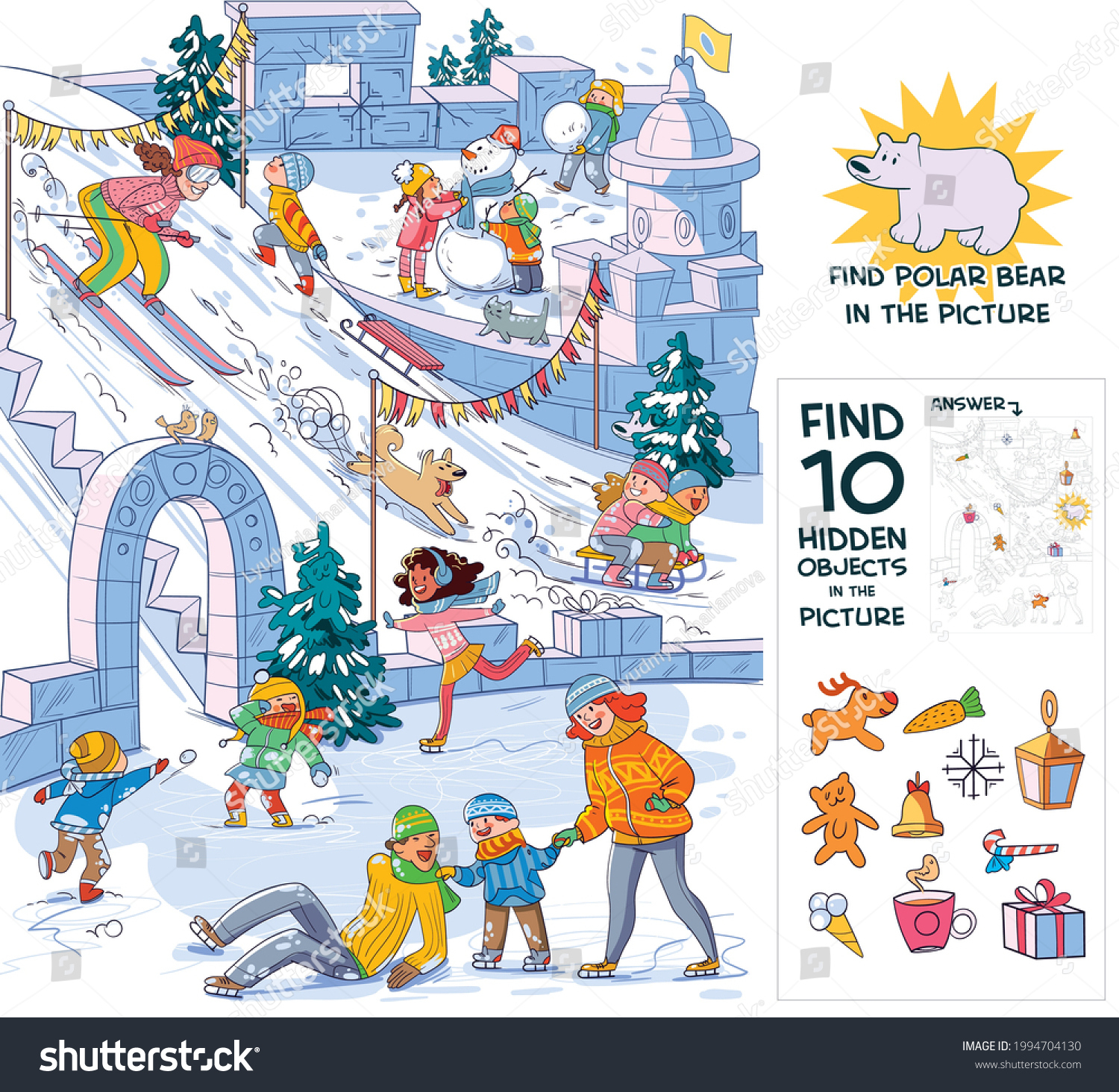 Winterspass. Finden Sie 10 Versteckte Objekte: Stock-Vektorgrafik in Highlights Hidden Pictures Winter